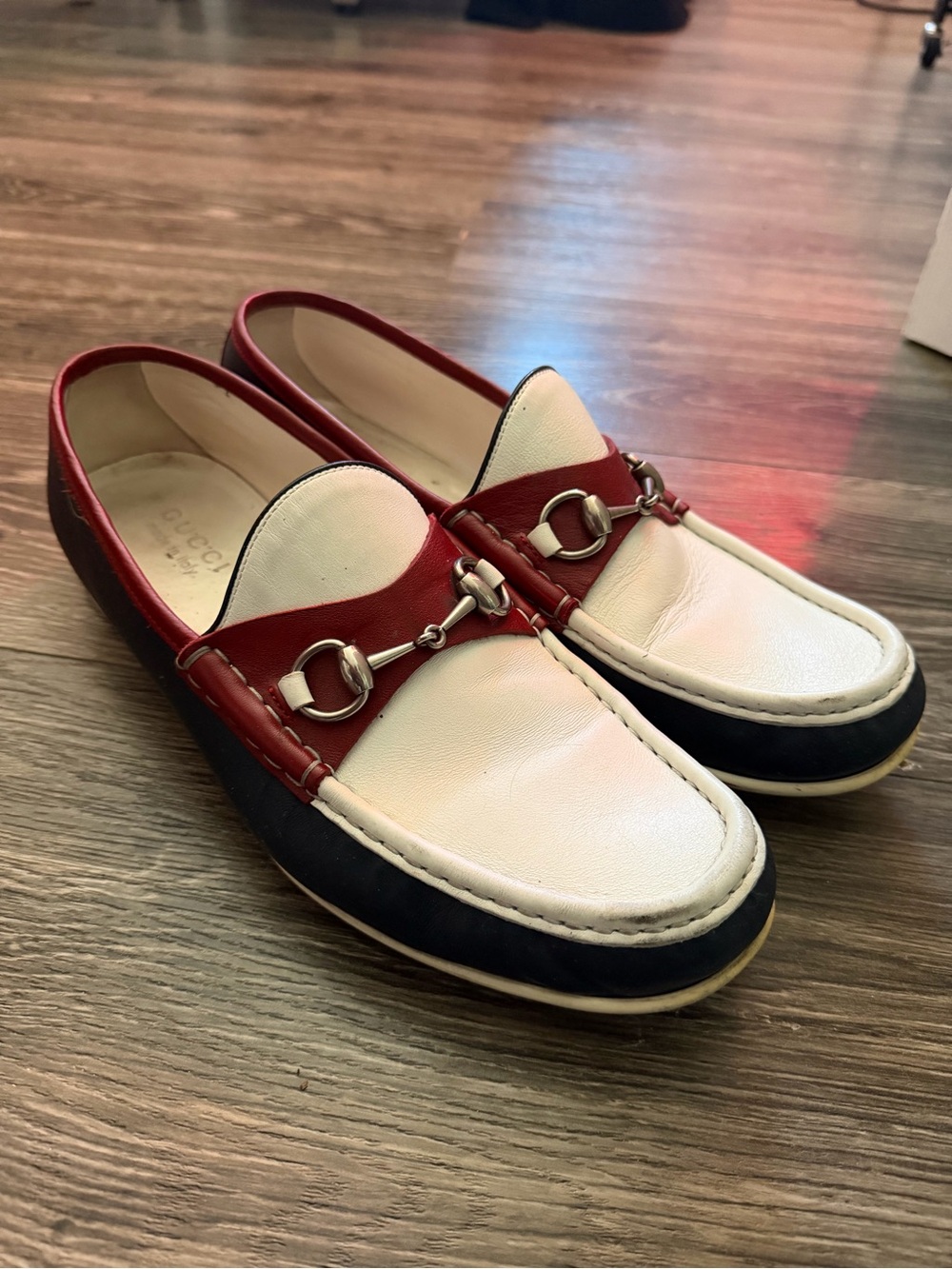Gucci Two-Tone Leather Horsebit Loafers in White, Red & Black